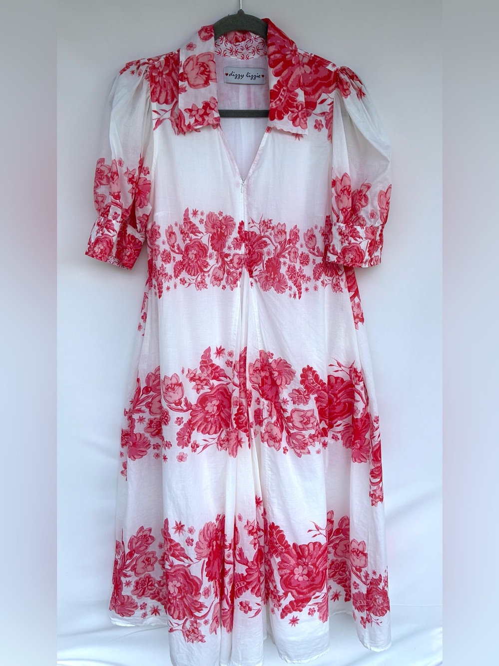 Dizzy Lizzy Montauk Dress White Pink Floral Cotton Puff Sleeve Midi Size S - Picture 3 of 8